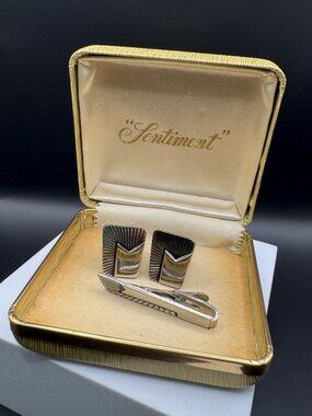 Vintage Sentiment Cufflinks Tie Clip Set Silver Tone